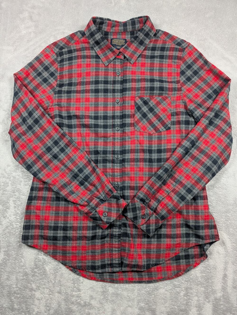Pendleton Mens Large Cotton Flannel Shirt Plaid Red Gray Button Down Lumberjack